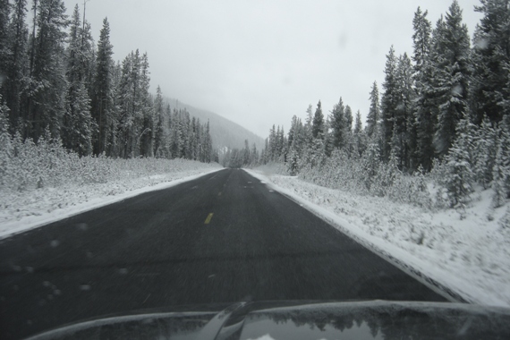 snowing road