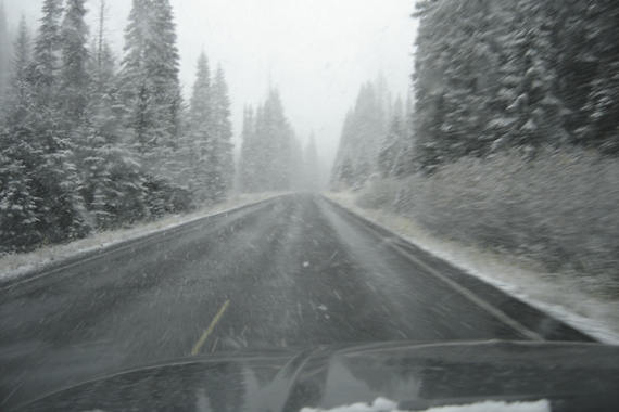 snowing road