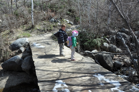 Hiking across bridge